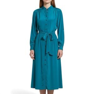 VTG 70s Chaus Teal Satin Shirt Dress Belted Long Sleeve Sz 3/4 Holiday Festive